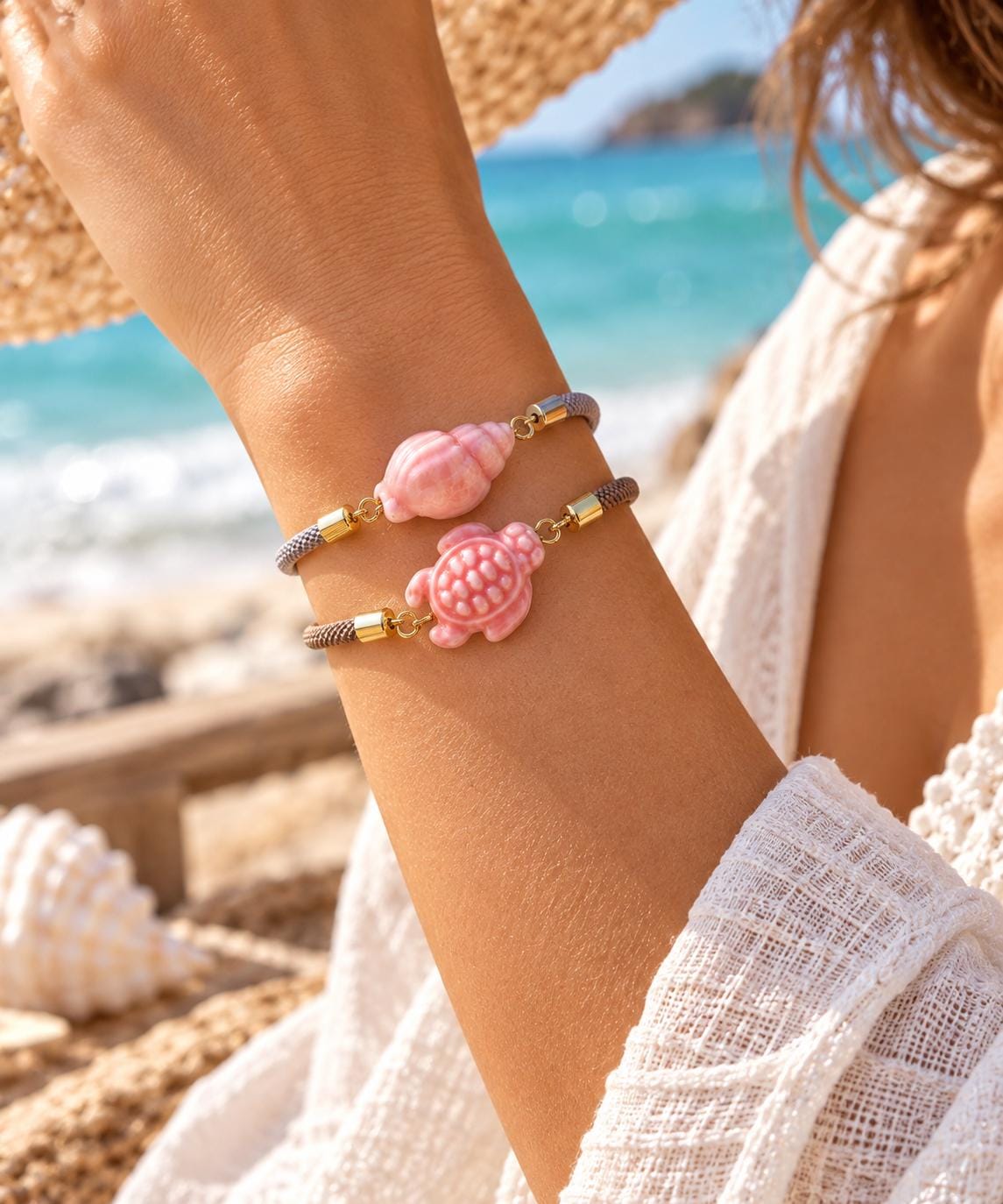 Ocean Beach Cord Bracelet, Cute Sea Turtle Shell Jewelry, Adjustable Summer Charm Band