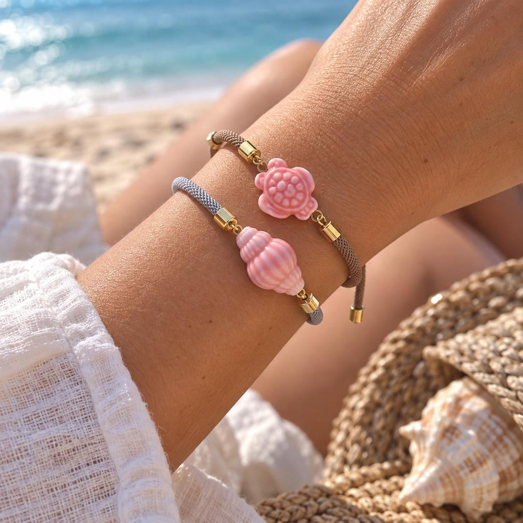 Ocean Beach Cord Bracelet, Cute Sea Turtle Shell Jewelry, Adjustable Summer Charm Band