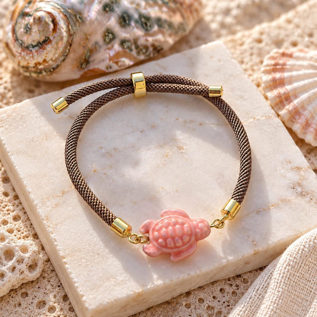 Ocean Beach Cord Bracelet, Cute Sea Turtle Shell Jewelry, Adjustable Summer Charm Band