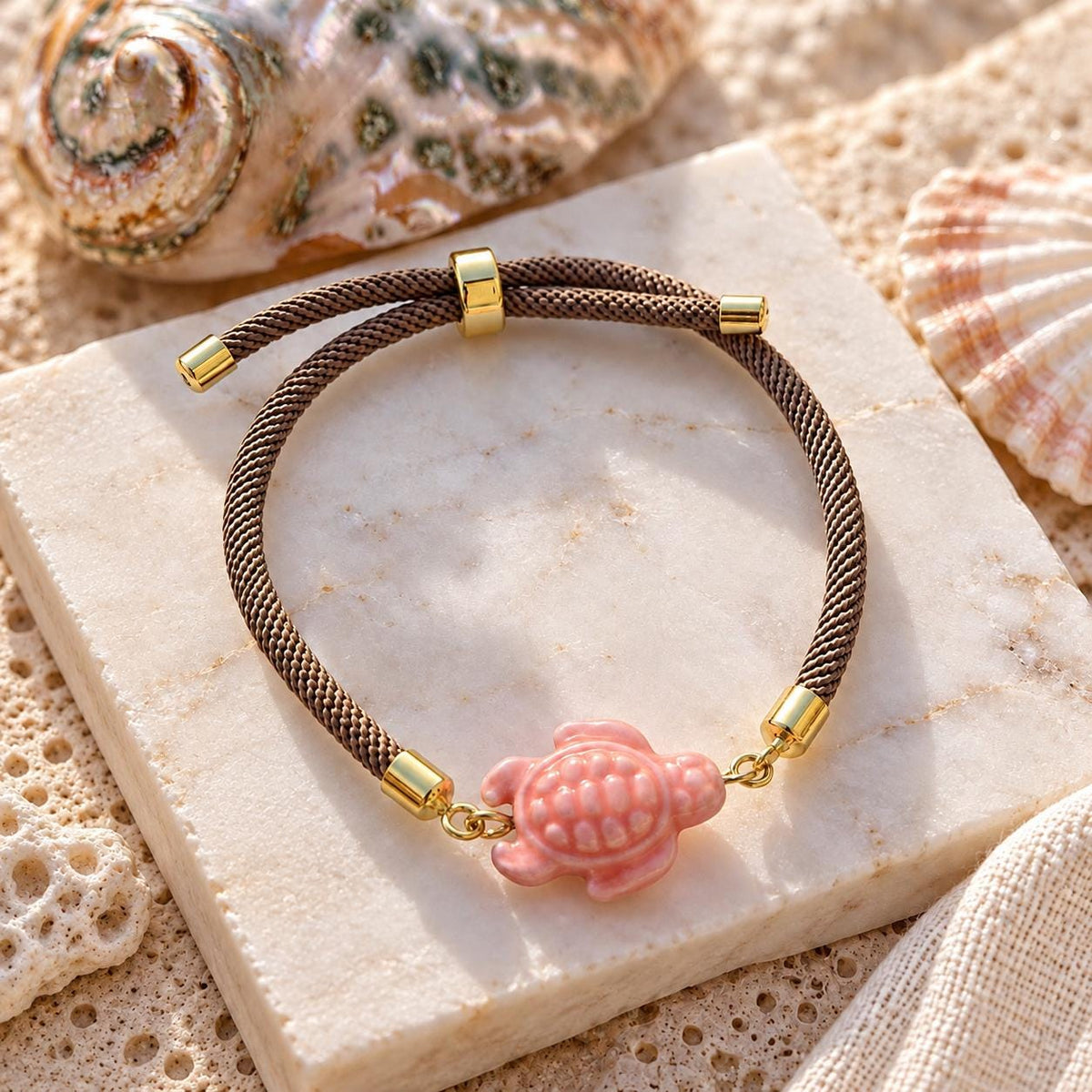 Ocean Beach Cord Bracelet, Cute Sea Turtle Shell Jewelry, Adjustable Summer Charm Band