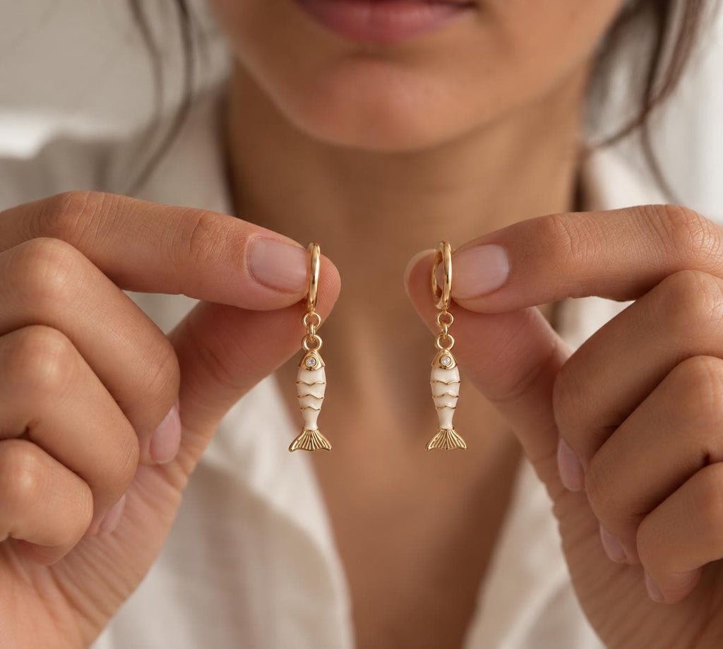 Dainty Fish Huggie Earrings, Gold Hoop Dangle Jewelry, Ocean Summer Beach Gift