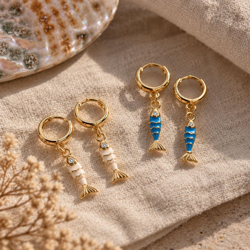 Dainty Fish Huggie Earrings, Gold Hoop Dangle Jewelry, Ocean Summer Beach Gift